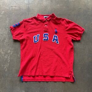 Vintage Polo Ralph Lauren USA Spellout Polo Shirt Red Patch Logo Size XL